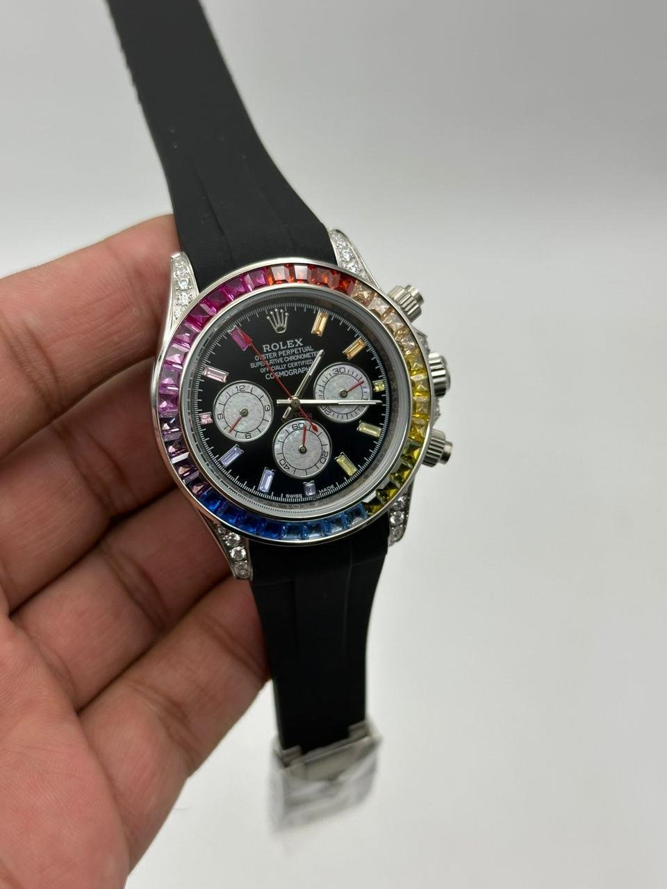 Rolex-Cosmograph-Daytona-Black-Dial-Rainbow-Rubber-Strap-Silver Rolex-Cosmograph-Daytona-Black-Dial-Rainbow-Rubber-Strap-Silver