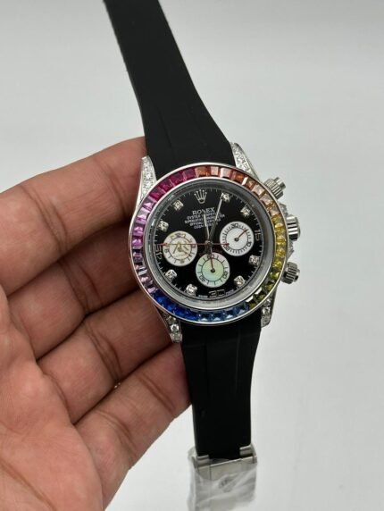Rolex-Cosmograph-Daytona-Black-Dial-Rainbow-Rubber-Strap-Silver