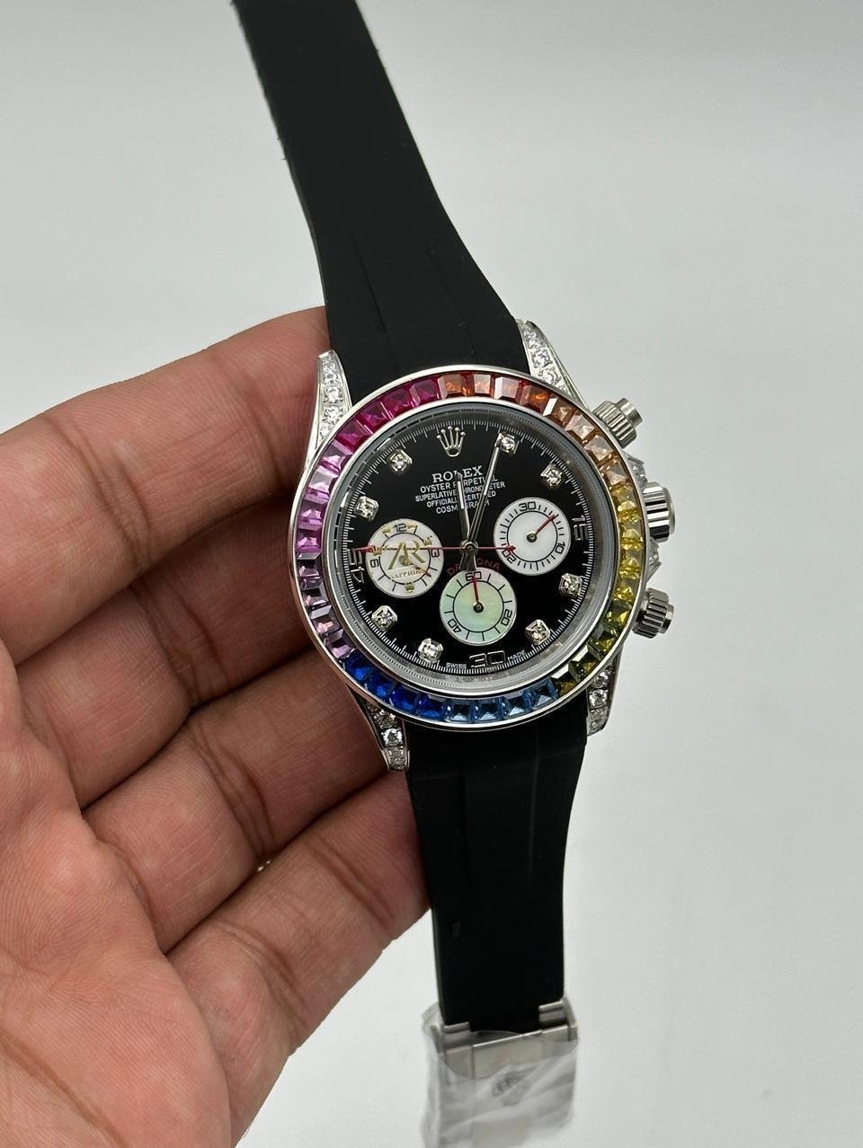 Rolex-Cosmograph-Daytona-Black-Dial-Rainbow-Rubber-Strap-Silver Rolex-Cosmograph-Daytona-Black-Dial-Rainbow-Rubber-Strap-Silver