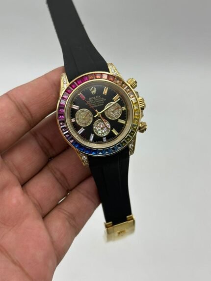 Rolex-Cosmograph-Daytona-Black-Dial-Rainbow-Rubber-Strap-Gold
