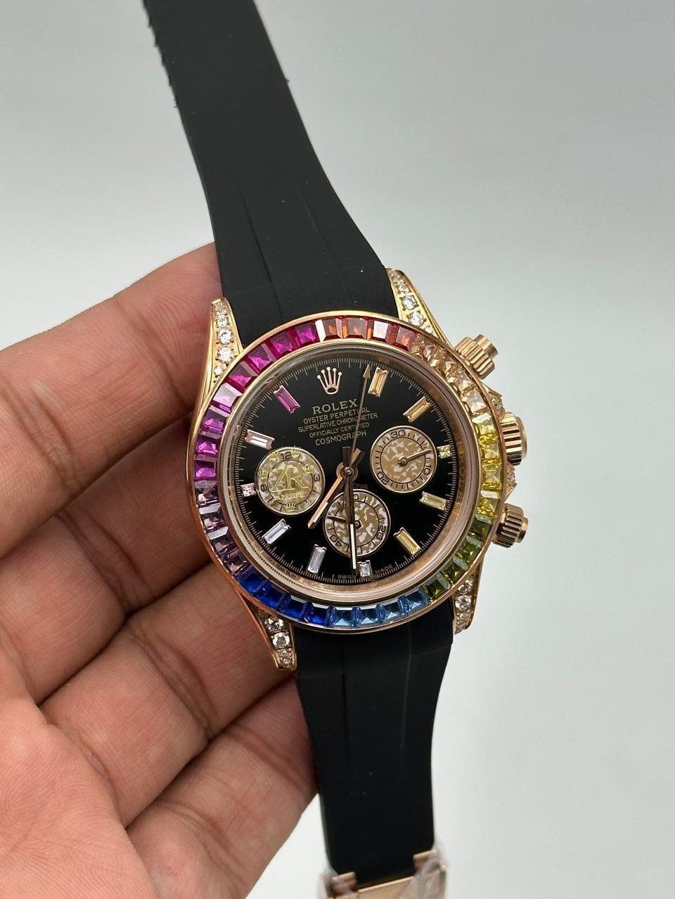 Rolex-Cosmograph-Daytona-Black-Dial-Rainbow-Rubber-Strap-Rose-Gold. Rolex-Cosmograph-Daytona-Black-Dial-Rainbow-Rubber-Strap-Rose-Gold.