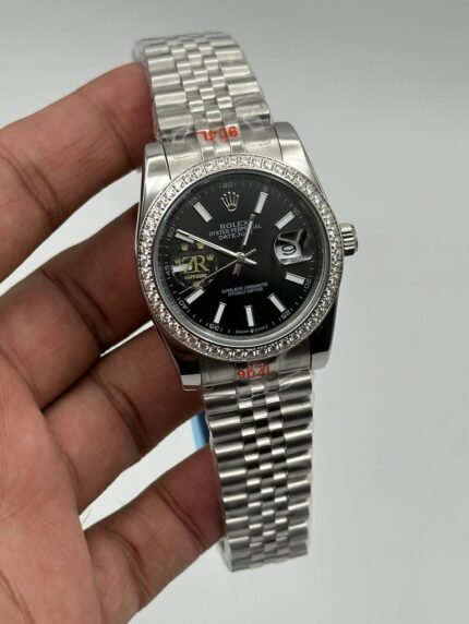 Rolex-Date-Just-Black-Dial-Diamond-Bazel-Silver